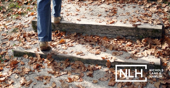 people walking leafy stairs